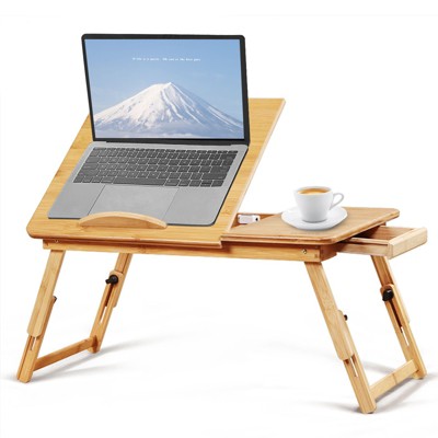 SKONYON Adjustable Bamboo Laptop Desk Folding Bed Tray with Built-in Drawer