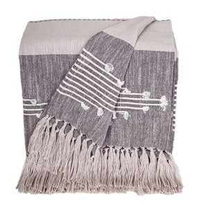 HomeRoots 50" X 60" Gray Woven Cotton Striped Throw Blanket with Tassels and Embroidery - 1 of 4