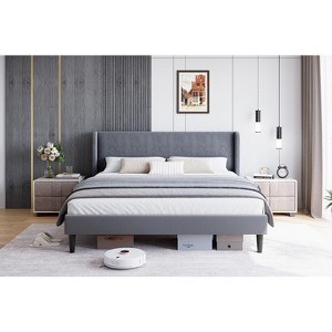 Full Size Bed Frame with Wingback Headboard, Upholstered Velvet Platform Bed with Wooden Slats Support, No Box Spring Needed, Easy Assembly - 1 of 4