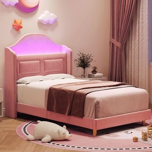 Whizmax Upholstered Twin Bed Frame with Led Lights, Velvet Platform Bed Frame with Wing Back Storage Headboard,Wood Slats Support,No Box Spring Needed - 1 of 4