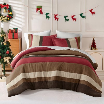 2 Piece Luxe Microsuede, Pieced Design Color Block Stripes Bedding Comforter Sets, Winter Soft Brushed Microfiber Reverse, Matching Sham