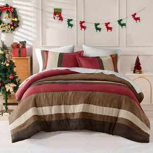 2 Piece Luxe Microsuede, Pieced Design Color Block Stripes Bedding Comforter Sets, Winter Soft Brushed Microfiber Reverse, Matching Sham - 1 of 4