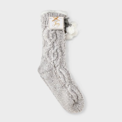Women's Sequin Twist Cable Knit Faux Shearling Lined Slipper Socks with Faux Fur Poms & Grippers - Charcoal Heather 4-10