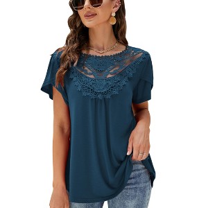 Women's Short Sleeve Lace Trim Blouse Summer Crew Neck Pleated Loose Fit Casual Shirt - 1 of 4