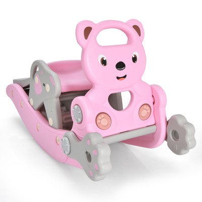Safstar 4 in 1 Toddler Slide Rocking Toy, Portable Kids Rocking Horse Slide Toy with Basketball Hoop  Pink