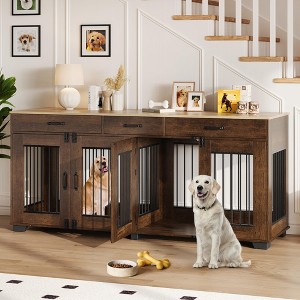 71 Inch Dog Crate Furniture for 2 Rooms, Wooden Double Crate Large Breed with Door, Dog Kennel Indoor - 1 of 4
