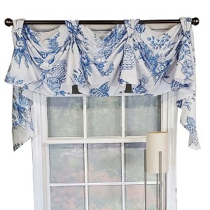 RLF Home Natalia 3-Scoop Victory Swag 4" Top Tabs Center Luxurious Window Treatment 25" Tails 50" x 18" Cyan Blue/White - 1 of 3