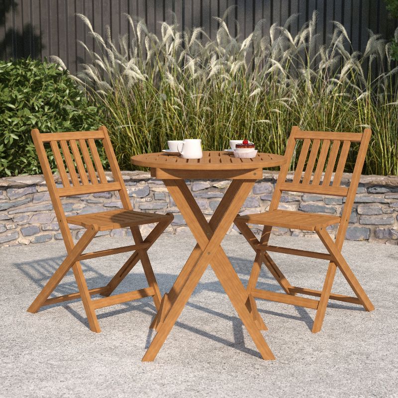 Merrick Lane Three Piece Solid Acacia Wood Folding Patio Bistro Set with Lightweight Round Table and Two Chairs, Natural, 2 of 14