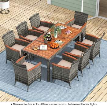 Costway 9 Pieces Outdoor Wicker Dining Set with Acacia Wood Table and 8 Armchairs