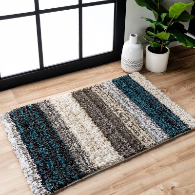 Handmade Tufted Striped Shag Round Rug in Blue Multi