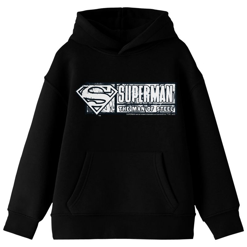 Superman Man Of Steel Stamp Long Sleeve Black Youth Hooded Sweatshirt, 1 of 4
