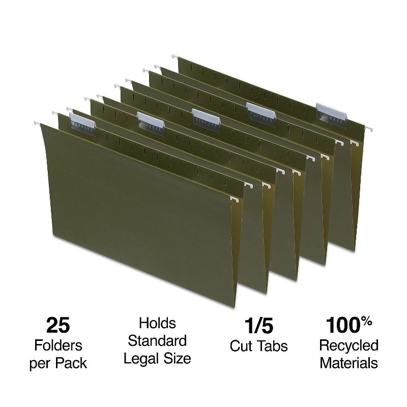 MyOfficeInnovations Hanging File Folders 5-Tab Legal Size Standard Green 25/BX (116830), 2 of 7