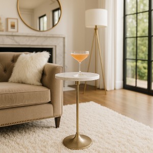 Elegant End Table, Side Table, or Small Night Stand for Room Decor - Slim Metal Drink Table with Marble Top and Trumpet Base - 1 of 4