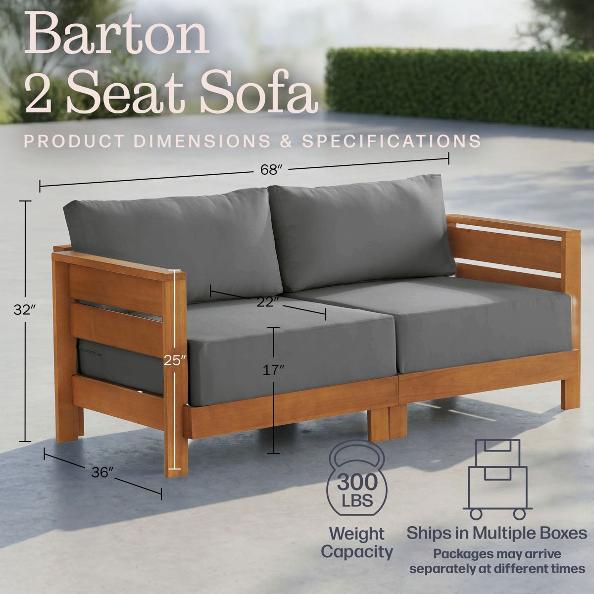 Alaterre Furniture Barton Outdoor Patio Loveseat - Weather-Resistant Eucalyptus Wood Outdoor Loveseat with Thick Gray Cushions (Natural) - thumbnail 3