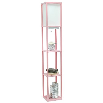 Light Pink Etagere Floor Lamp with USB Ports and Linen Shade