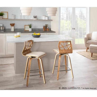 Mid-Century Modern White Leather and Wood Swivel Counter Stools