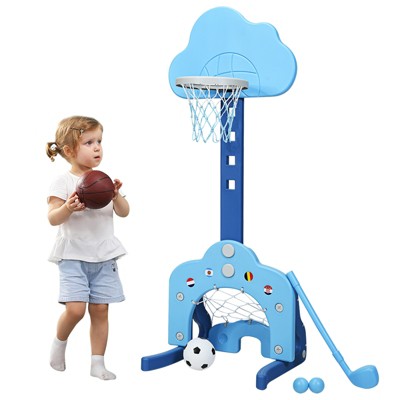 KUSARKO Kids Basketball Hoop Stand Blue Portable Kids Basketball Goal Adjustable Height with Balls 