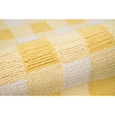 Yellow and White Checkered Polyester Handmade Area Rug