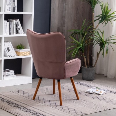 Elegant Brown Velvet Barrel Accent Chair with Wing Back and Oak Finish