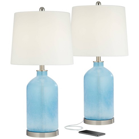 360 Lighting Connie Modern Table Lamps 25 High Set of 2 Blue Faux Marble  with USB Charging Port White Rectangular Shade for Living Room Office Desk