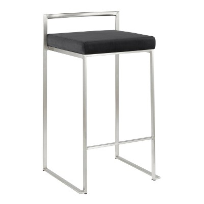 Fuji Brushed Stainless Steel Stackable Counter Stools with Black Velvet Cushion, Set of 2