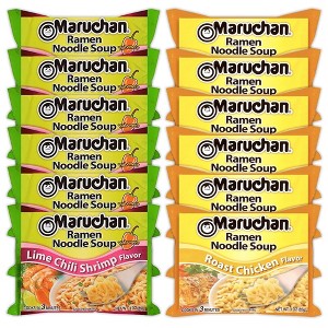 Maruchan Ramen Instant Noodle Soup Variety, 2 Flavors - 6 Packs Lime Chili Shrimp & 6 Packs Roast Chicken, 3 Ounce Single Servings - 1 of 1