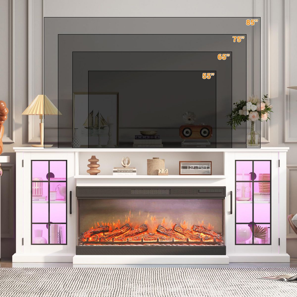 40 in Electric Fireplace & 75 in TV Stand with 12-Color LED Flame and 3 Brightness Modes, Spacious Two-Tier Design - thumbnail 6