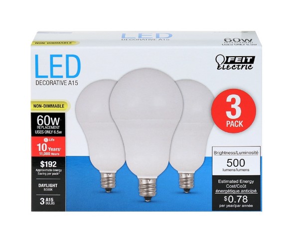 Feit A15 60-Watt LED Light Bulb Candelabra Base (3 Pack) - Soft White