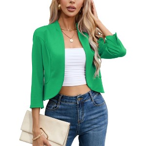 Clearlove Womens Cropped Blazer Casual Business 3/4 Sleeve Collarless Open Front Cardigan Work Jacket Shrug - 1 of 4