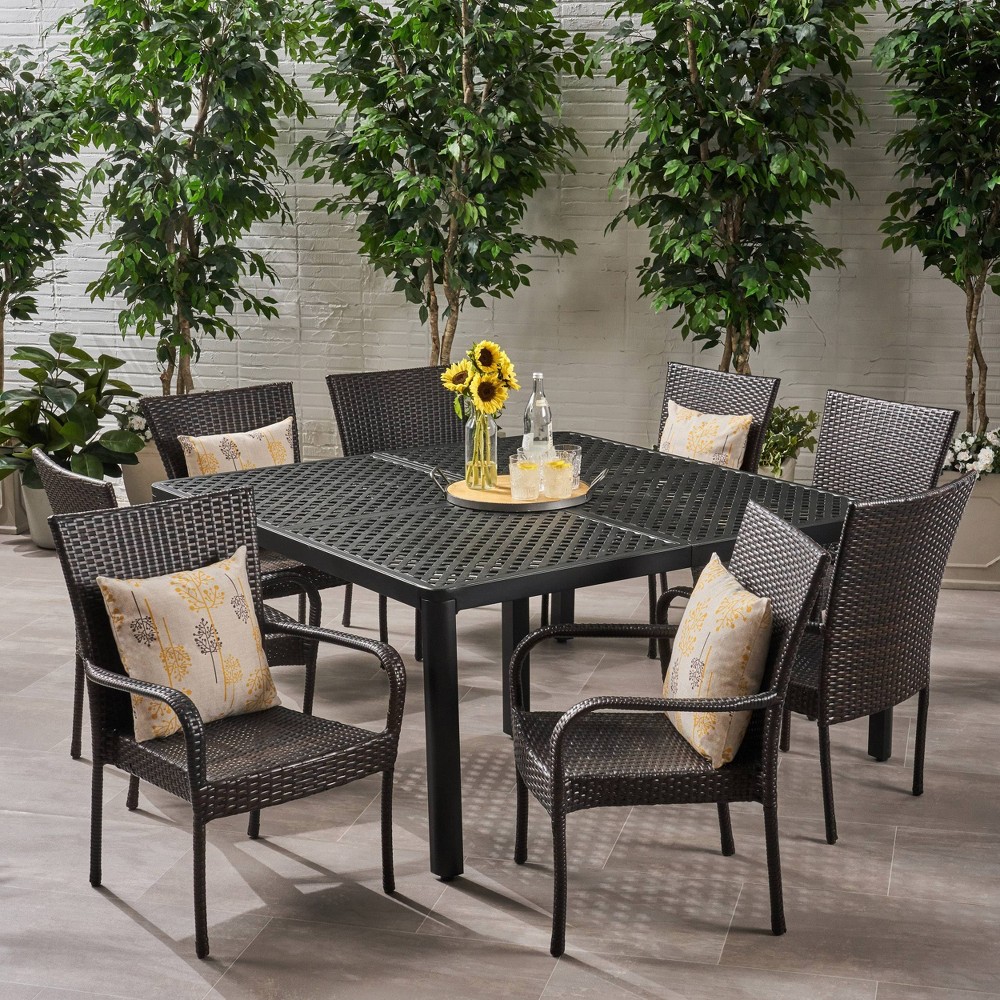 Photos - Garden Furniture Bullpond 9pc Aluminum and Wicker Dining Set - Matte Black/Multibrown - Chr