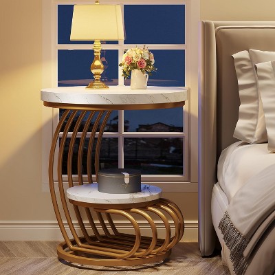 Gold and White Faux Marble Round End Table with Storage Shelf