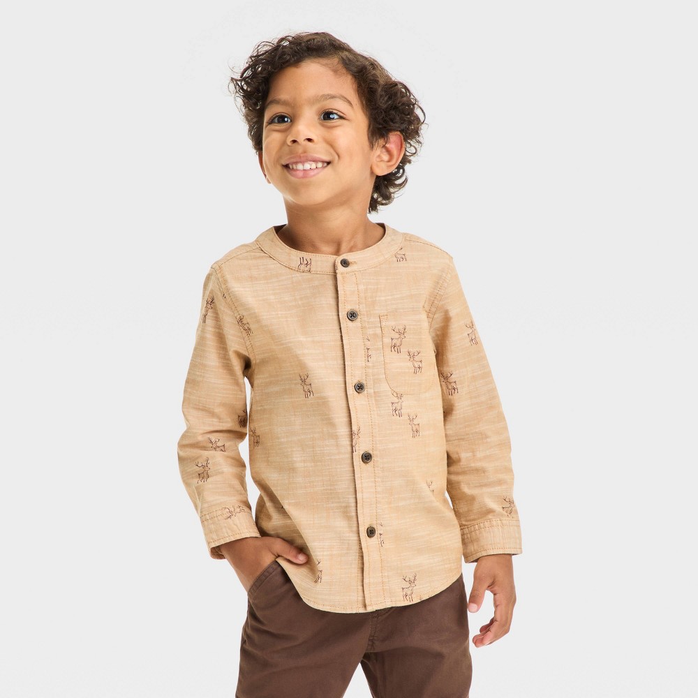 Toddler Boys' Deer Printed Long Sleeve Stretch Button-Down Shirt - Cat & Jack™ Brown 18M