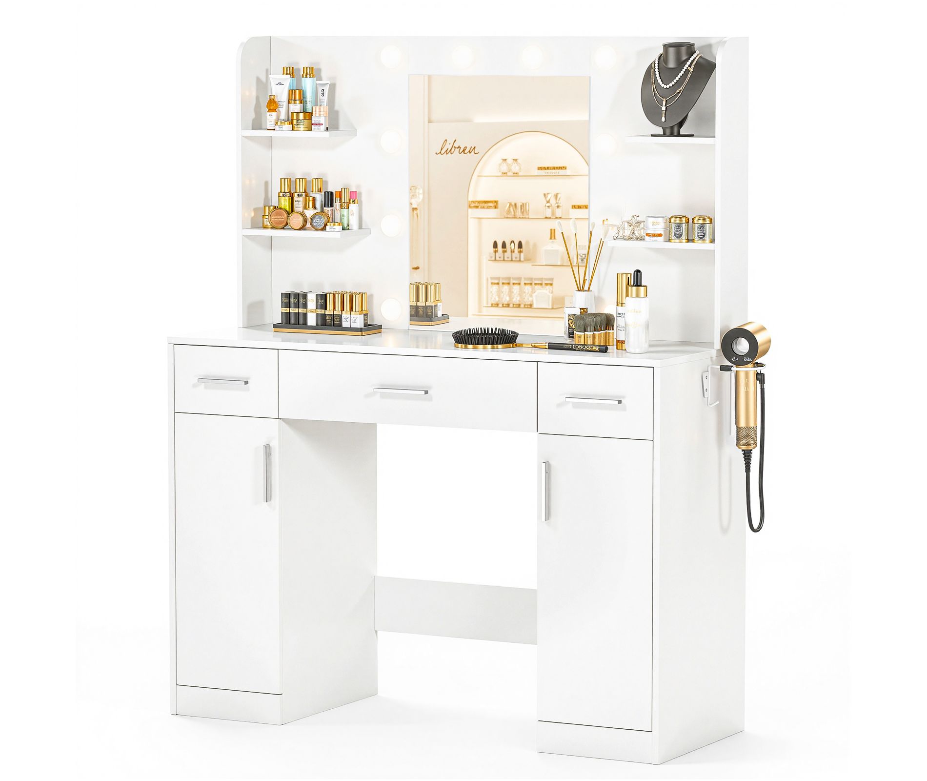 Bestier Vanity Desk with Mirror and Lights, Makeup Dressing Table with 2/3 Drawers Adjustable Shelf Power Outlet Side Rack for Bedroom Dressing Room