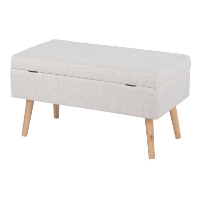Beige Linen Upholstered Storage Bench with Natural Wood Legs