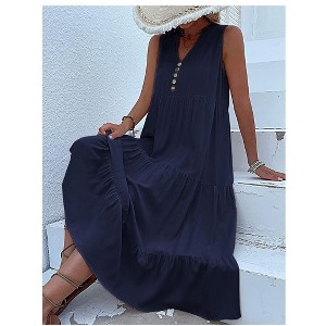 Coolmee Summer Casual Midi Dresses for Women Sleeveless V-Neck Button Front Swing Tank Sundress - 1 of 4