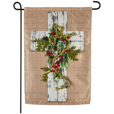 Evergreen Flag Woodgrain Cross Garden Linen Flag