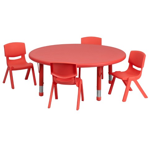 Emma And Oliver 45 Round Red Plastic Adjustable Activity Table Set 4 Chairs Target