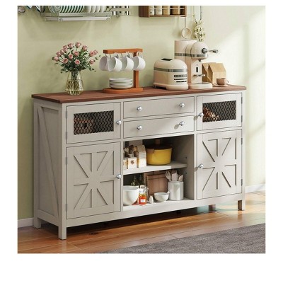 59 inch Farmhouse Coffee Bar Cabinet Sideboard Buffet Cabinet With 2 Large Drawers & Visual Grid Door & Barn Door For Kitchen & Living Room, White