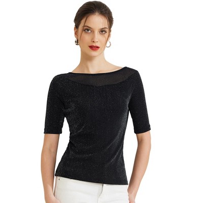 Allegra K Women's Glitter Stretchy Boat Neck Half Sleeve Mesh Casual Elegant Tops