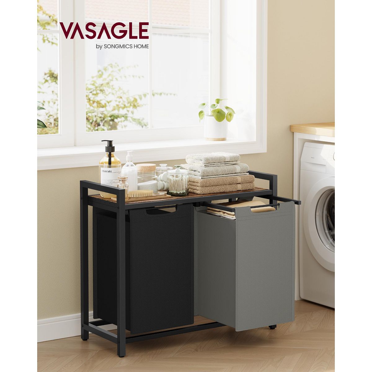 VASAGLE Laundry Hamper Laundry Basket with 2 Pull-Out Bags Laundry Sorter with Shelf