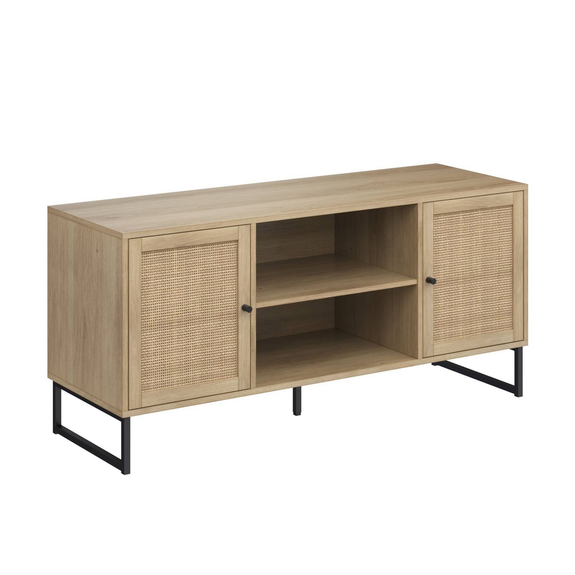 Nathan James 47" Mina Rattan and Wood 2 Door TV Cabinet for TVs up to 59" Light Oak/Matte Black: Media Console with Storage