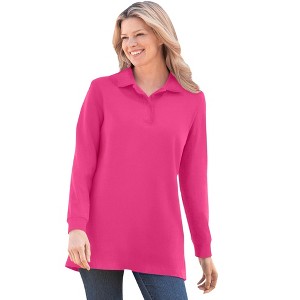 Woman Within Plus Size Long-Sleeve Polo Shirt - 1 of 4