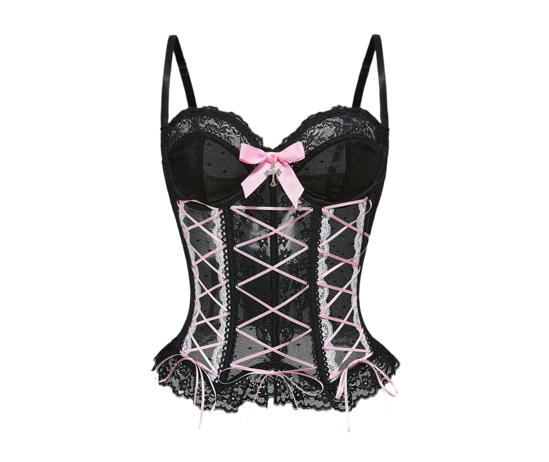 Clotth Women's Lace-Up Bustier - Lace Corset with Bow and Cross, Overbust Lingerie with Adjustable Straps