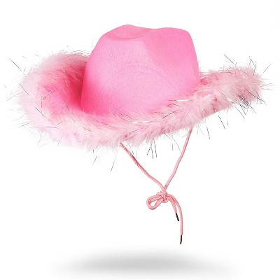 Juvolicious Western Felt Cowboy Hat for Adults with Pink Feathers, Halloween Party Hat, 12 x 15 x 4.5 in