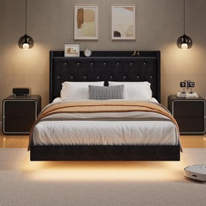 Queen Size Bed Frame with LED Lights, Modern Wood Floating Bed Frame with Storage, Velvet Upholstered Headboard with Wingback - 1 of 4