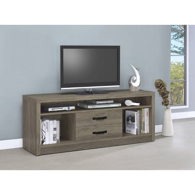 Modern Driftwood Gray TV Console with 2 Drawers and Open Shelving