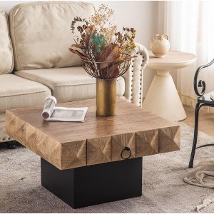 32.28"Three-dimensional Embossed Pattern Square Retro Coffee Table with 2 Drawers and MDF Base - 1 of 4