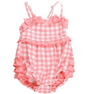 RuffleButts Baby Girls UPF50+ One Piece Bow Bubble Romper Swimsuit - 1 of 4