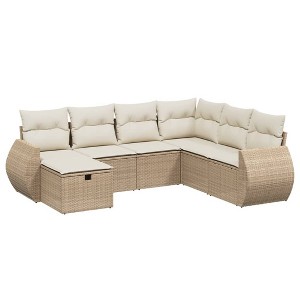 vidaXL 7 Piece Patio Sofa Set with Cushions Beige and Cream Poly Rattan - Without Table - 1 of 4