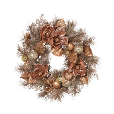 Gerson International 24-Inch Frosted PVC Wreath with Magnolia, Champagne and Rose Gold Ornaments and Berries